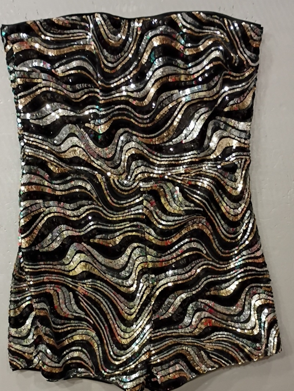 Guess Strapless Black Dress/Shorts with Gold & Silver Sequin Waves